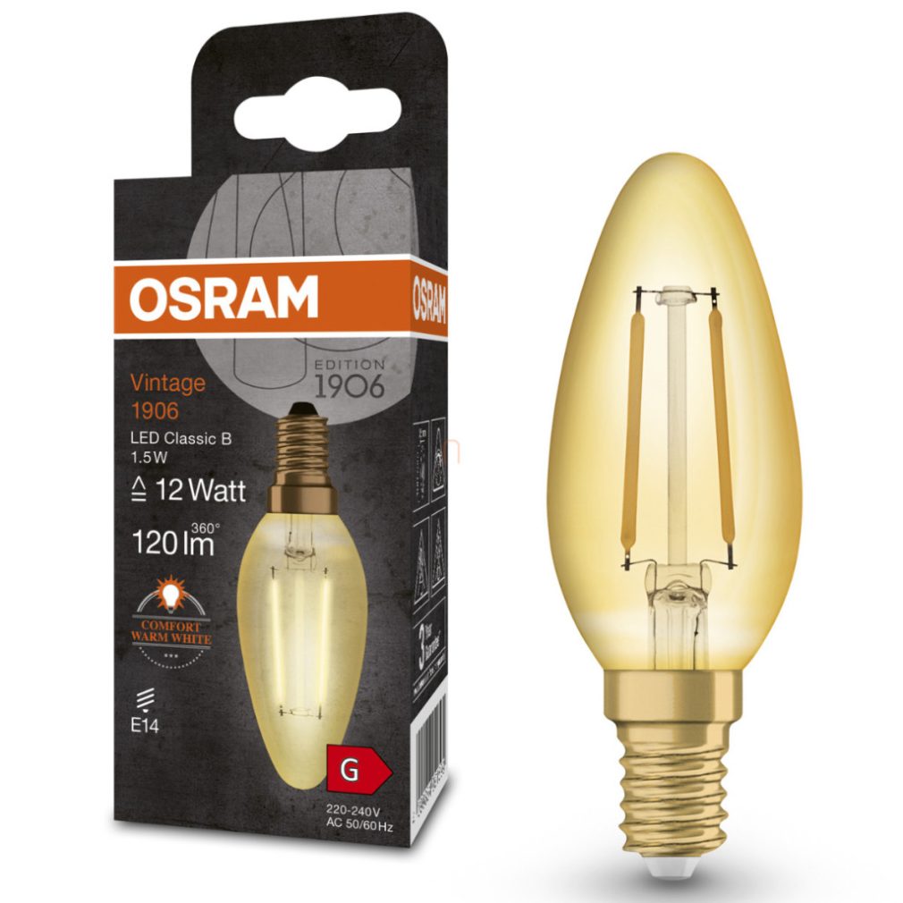 Lămpă LED Osram E14, 1,5 W, 120 lm, 2400 K, lumina lumânării, sticlă aurie - înlocuiește becul incandescent de 10 W - Vintage 1906 Classic B filament