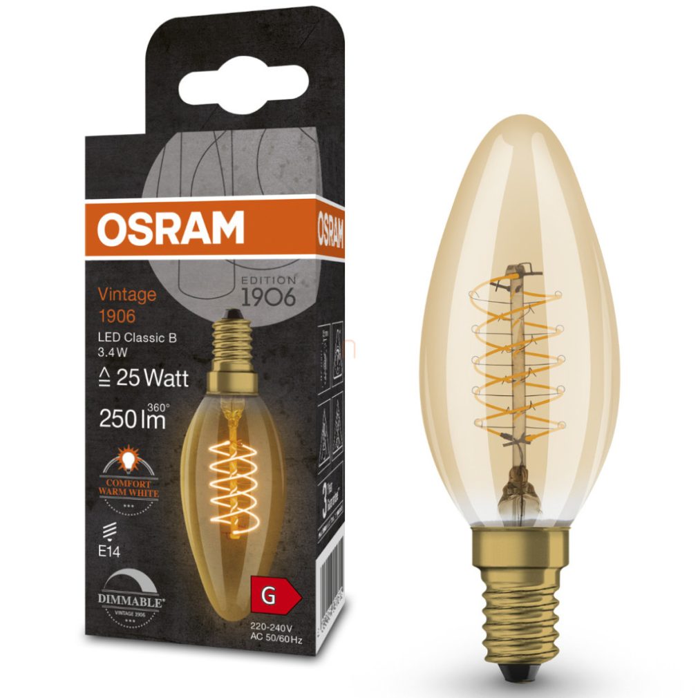 Osram E14 LED lumânare, 3,4W, 250 lm, 2200 K, lumina lumânării, reglabilă, sticlă aurie - înlocuiește becul incandescent de 25 W - Vintage 1906 DIM Classic B Gold filament