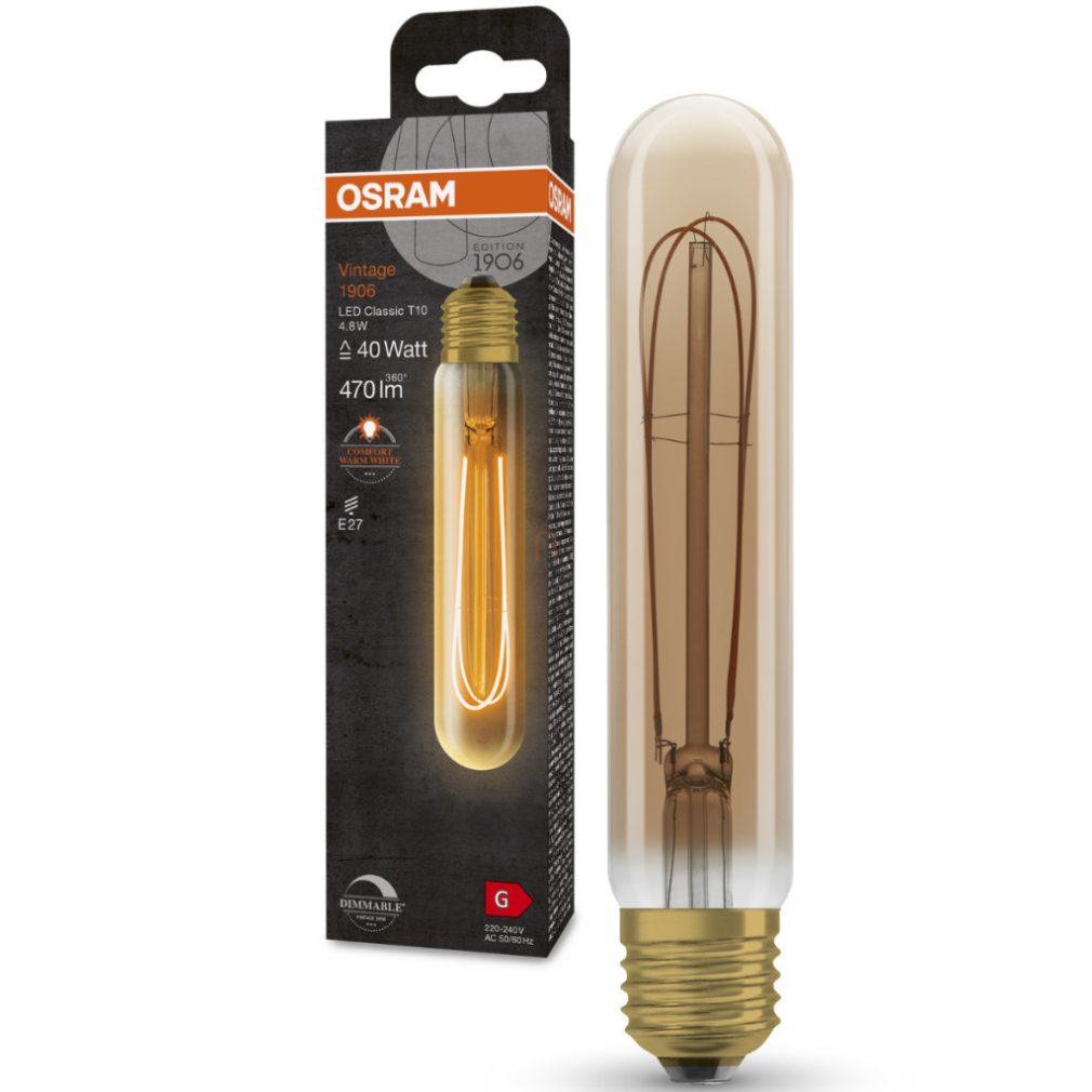 Osram E27 LED 4,8W, 470 lm, 2200 K, lumina de lumânare, reglabilă, sticlă aurie - înlocuiește becul de 40 W - Vintage 1906 DIM Classic Tubular Gold filament