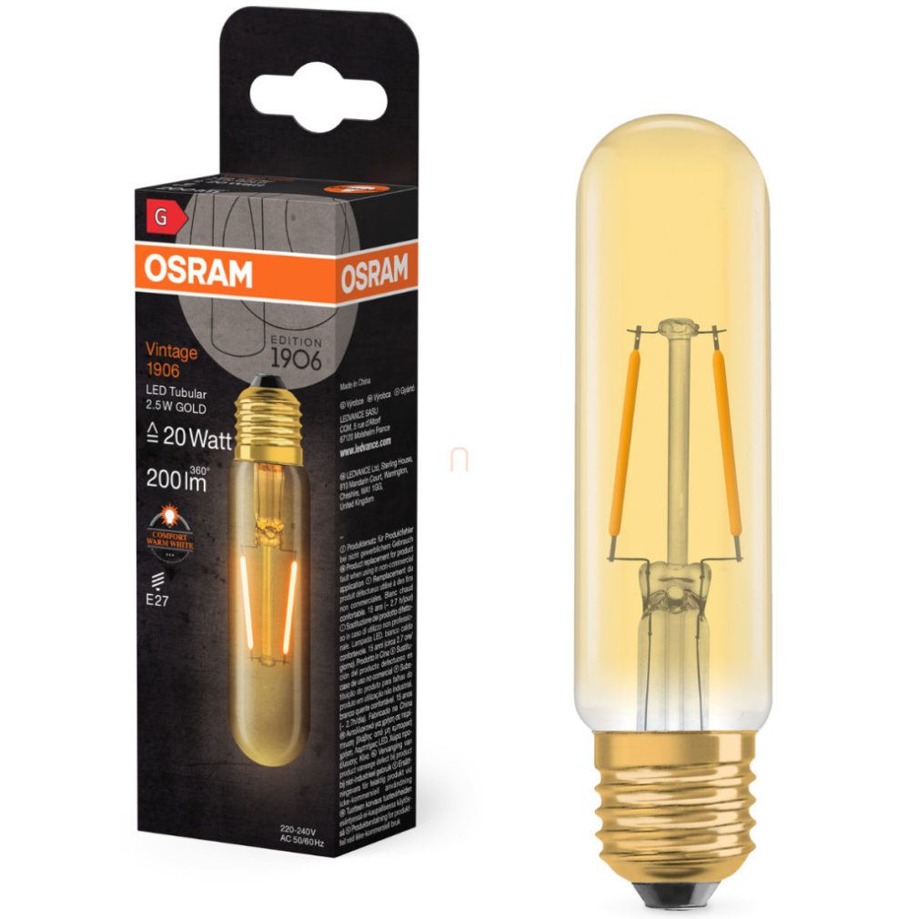 Osram E27 LED 2,5W, 200 lm, 2000 K, lumina de lumânare, sticlă aurie - înlocuiește becul incandescent de 20 W - Vintage 1906 Classic Tubular Gold filament