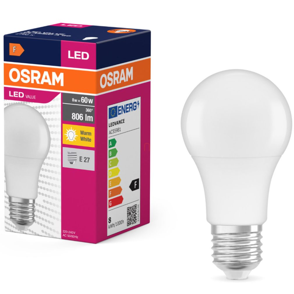 Osram E27 LED 8W, 806 lm, 2700 K, alb cald, plastic opal - înlocuiește becul normal de 60 W - Value Classic A