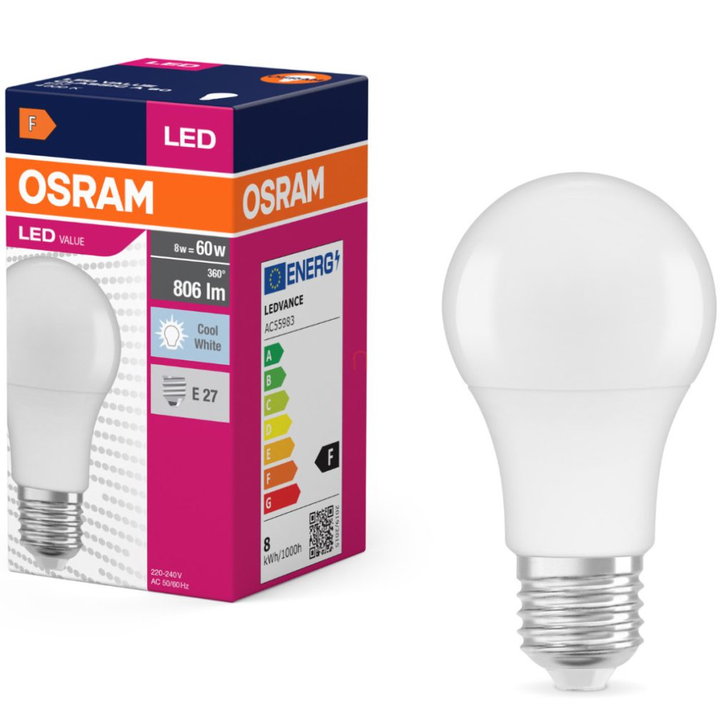 Osram E27 LED 8W, 806 lm, 4000 K, alb rece, plastic opal - înlocuiește becul normal de 60 W - Value Classic A