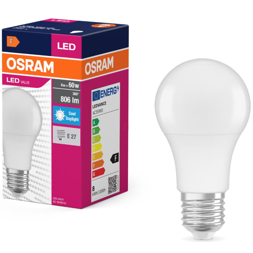 Osram E27 LED 8W, 806 lm, 6500 K, lumină naturală, plastic opal - înlocuiește becul normal de 60 W - Value Classic A