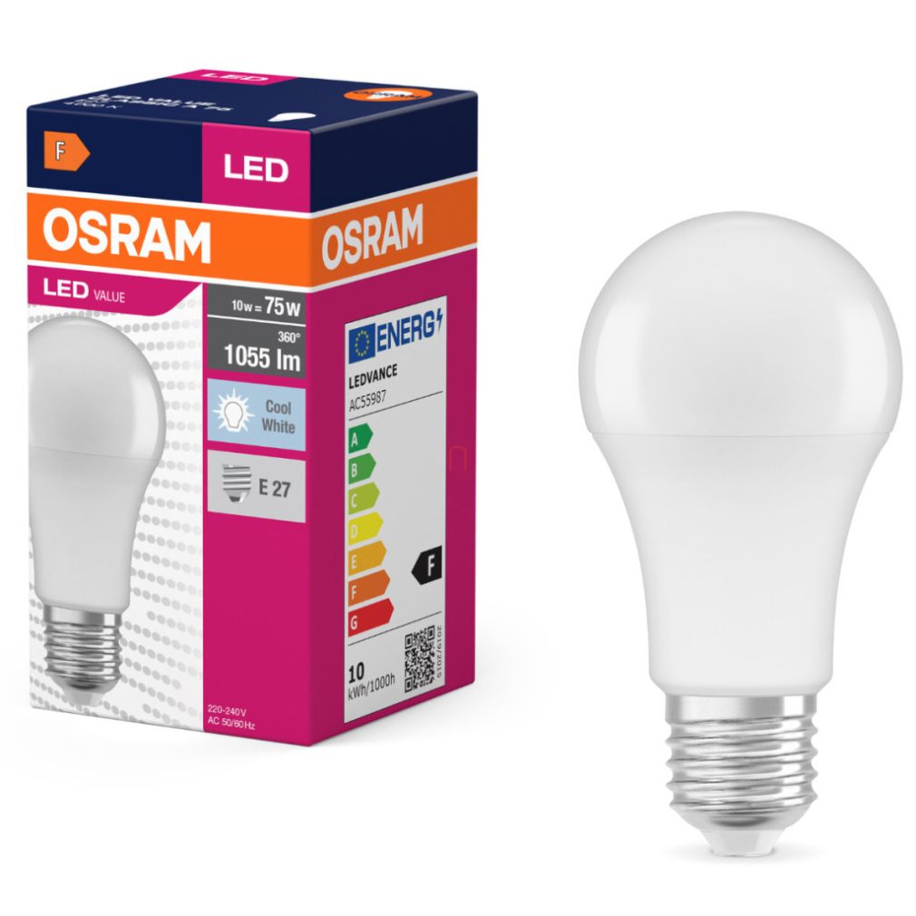 Osram E27 LED 10W, 1055 lm, 4000 K, alb rece, plastic opal - înlocuiește becul normal de 75 W - Value Classic A