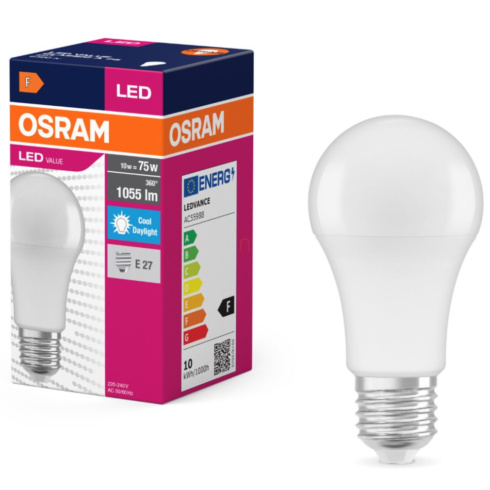 Osram E27 LED 10W, 1055 lm, 6500 K, lumină naturală, plastic opal - înlocuiește becul normal de 75 W - Value Classic A