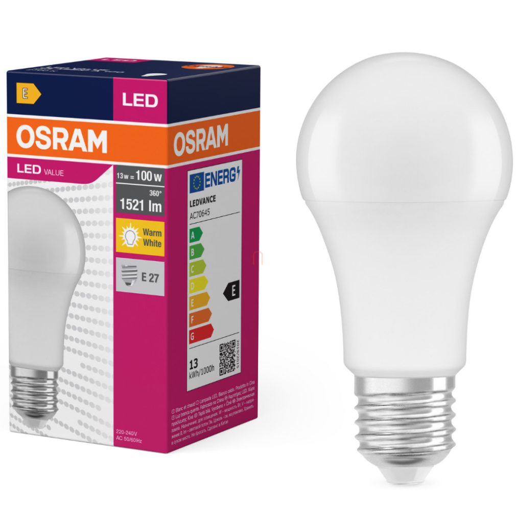 Osram E27 LED 13W, 1521 lm, 2700 K, alb cald, plastic opal - înlocuiește becul normal de 100 W - Value Classic A