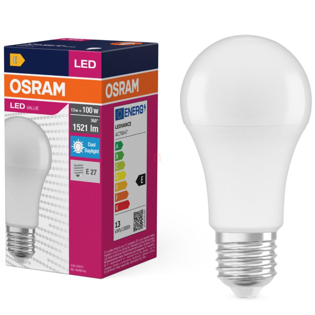 Osram E27 LED 13W, 1521 lm, 6500 K, lumină naturală, plastic opal - înlocuiește becul normal de 100 W - Value Classic A