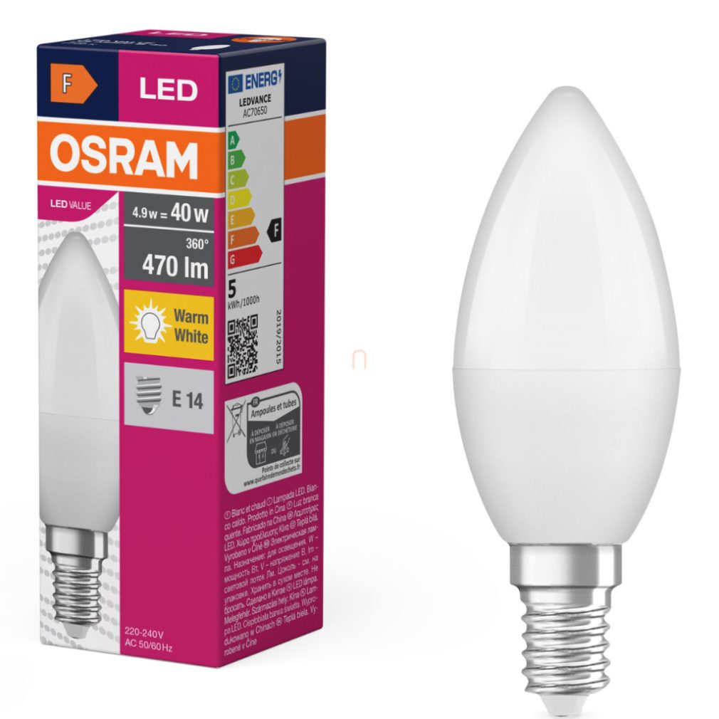 Lămpi LED Osram E14, 4,9 W, 470 lm, 2700 K, alb cald, plastic opal - înlocuiesc becurile de 40 W - Value Classic B