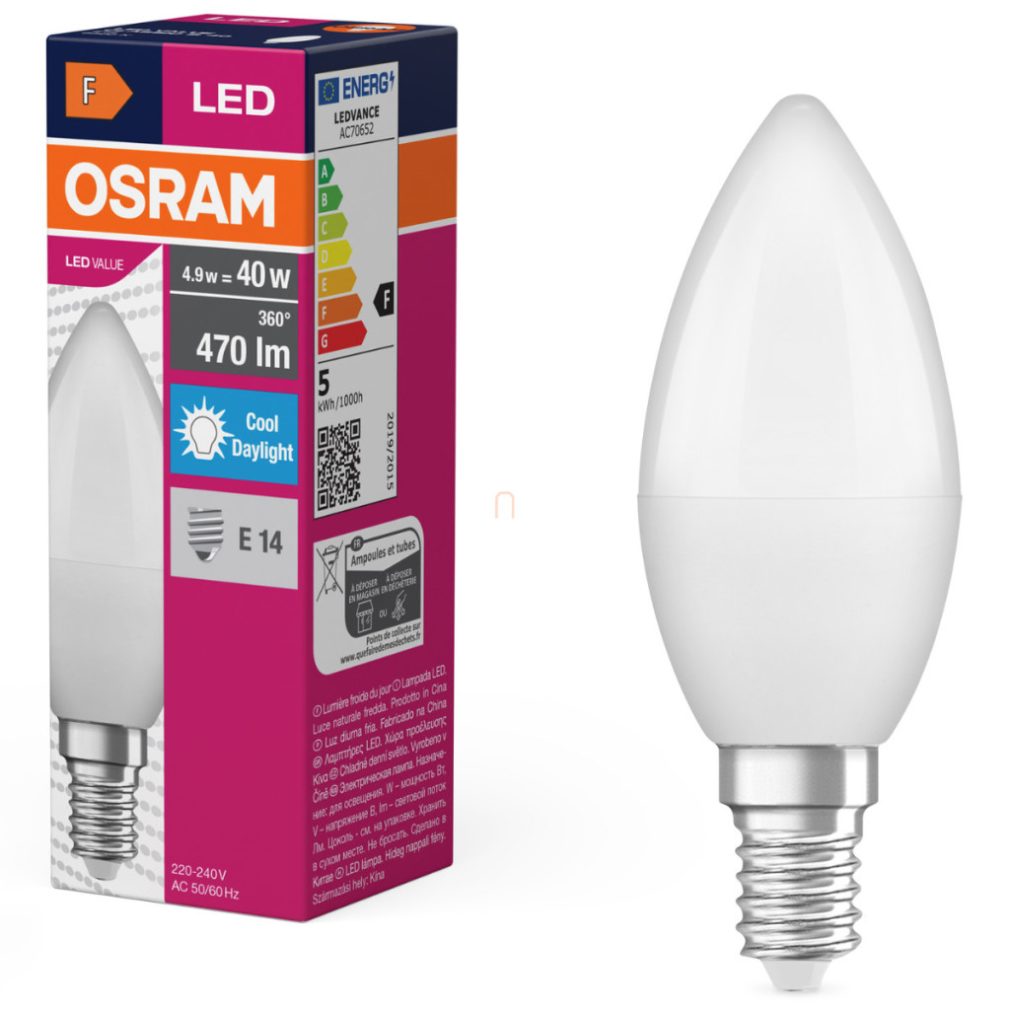 Lămpi LED Osram E14, 4,9 W, 470 lm, 6500 K, lumină naturală, plastic opal - înlocuiesc becurile cu incandescență de 40 W - Value Classic B