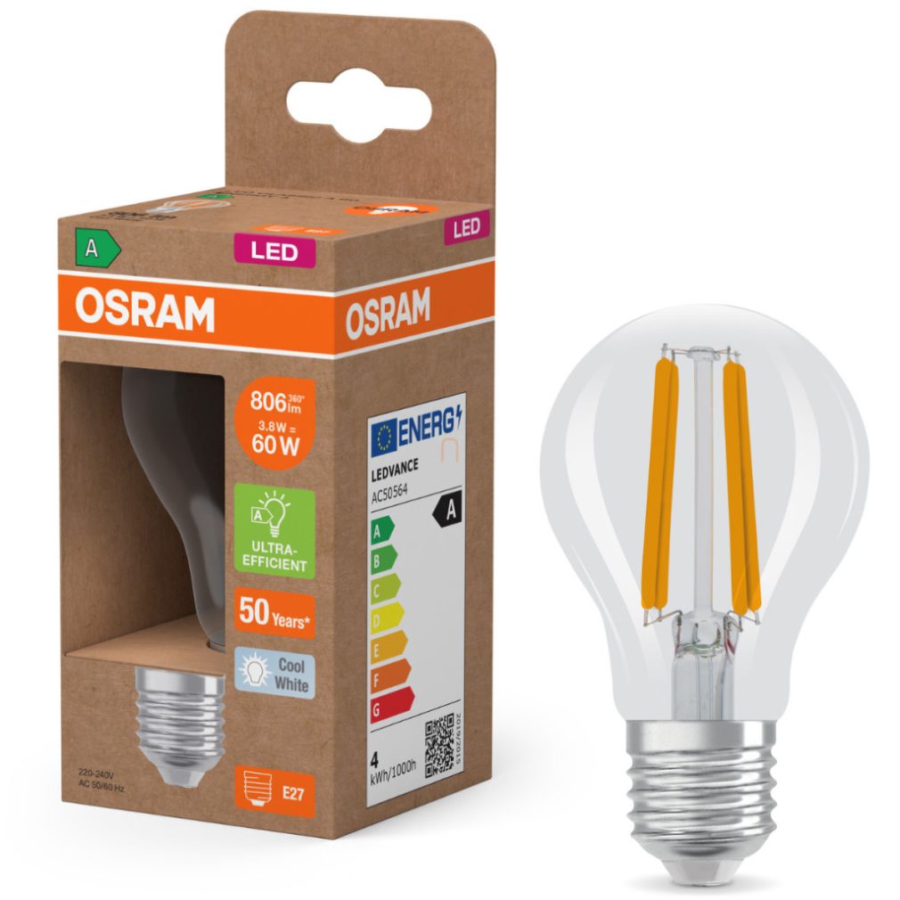Osram E27 LED 3,8W, 806 lm, 4000 K, alb rece, sticlă transparentă - înlocuiește becul normal de 60 W - Superstar+ Classic A filament