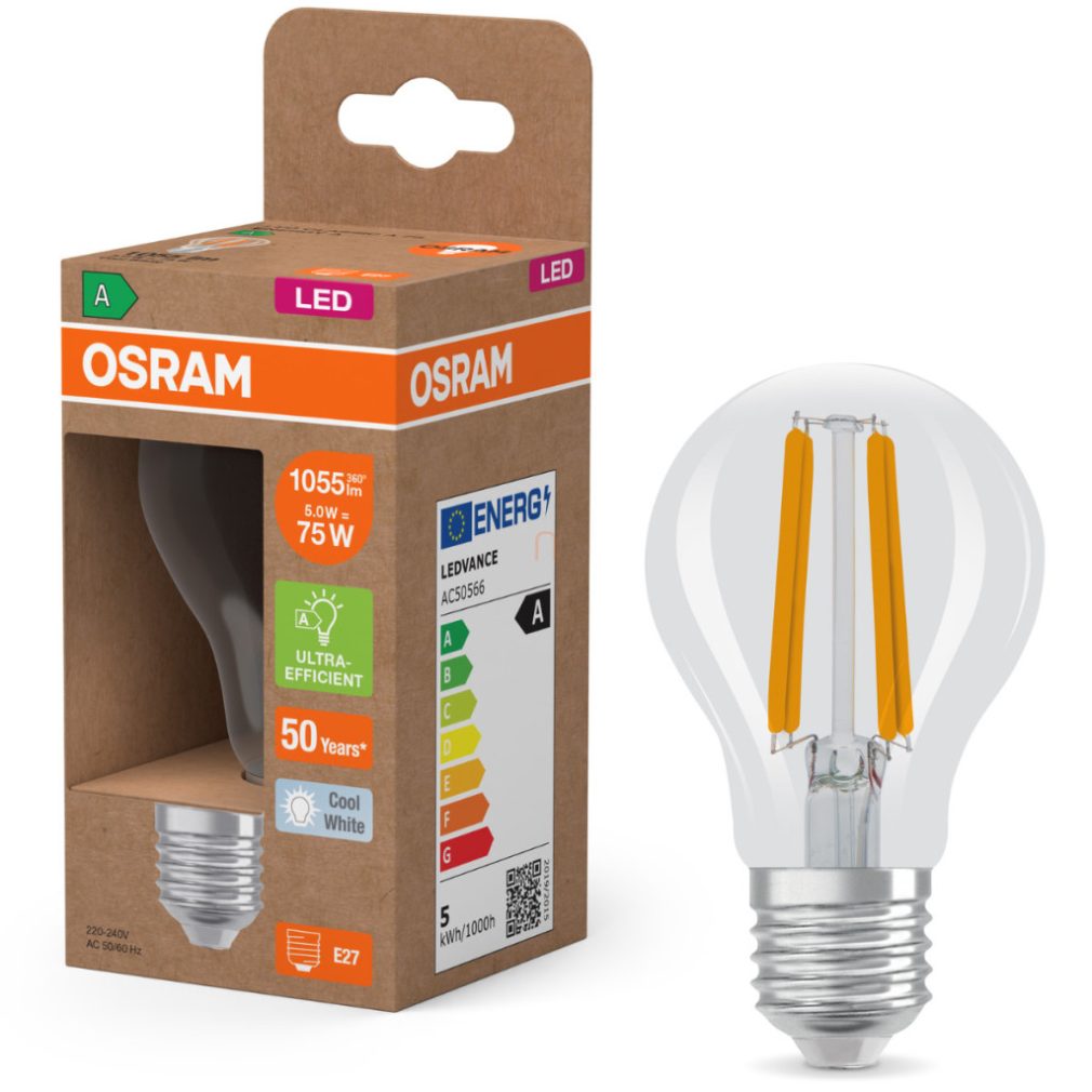 Osram E27 LED 5W, 1055 lm, 4000 K, alb rece, sticlă transparentă - înlocuiește becul normal de 75 W - Superstar+ Classic A filament
