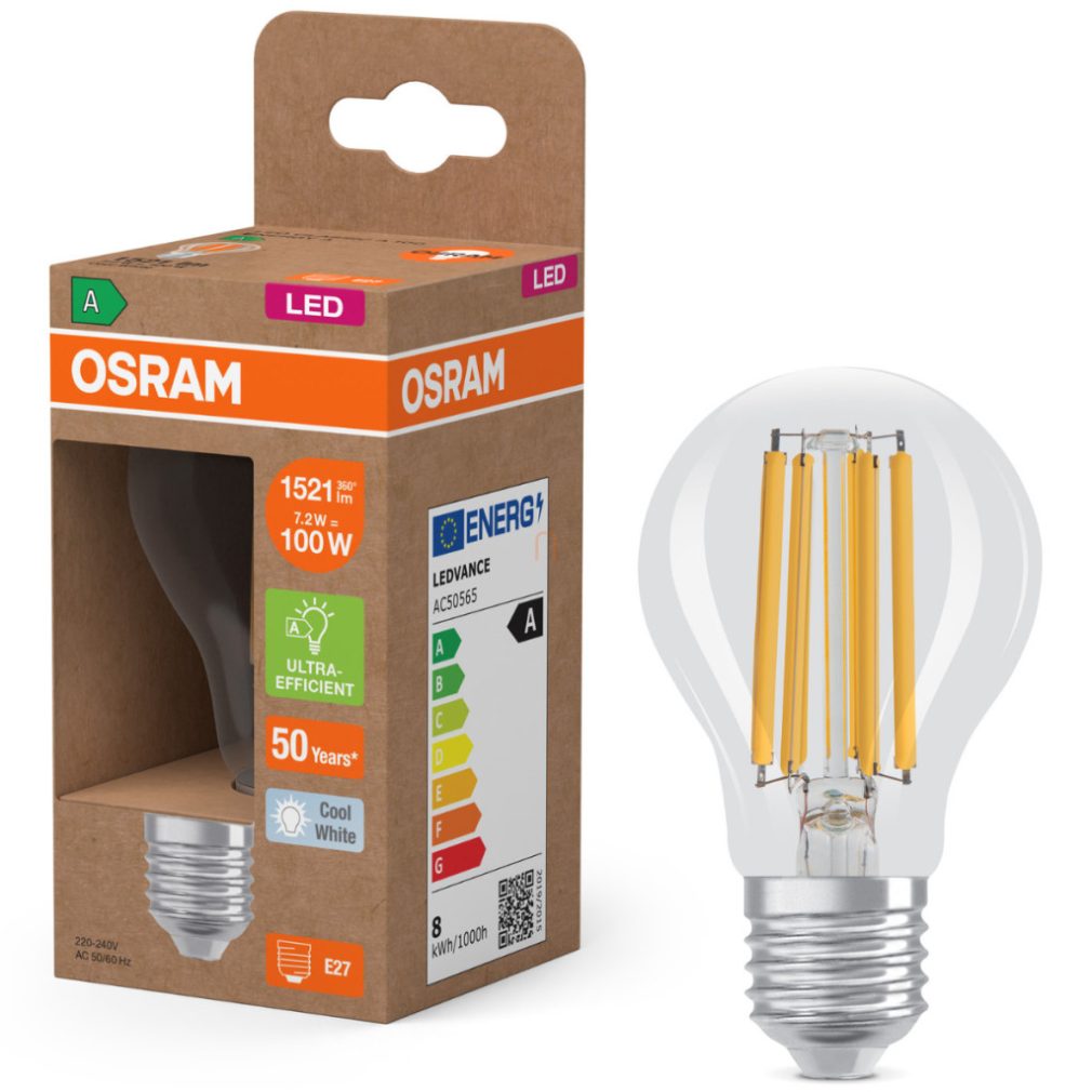 Osram E27 LED 7,2W, 1521 lm, 4000 K, alb rece, sticlă transparentă - înlocuiește becul normal de 100 W - Superstar+ Classic A filament