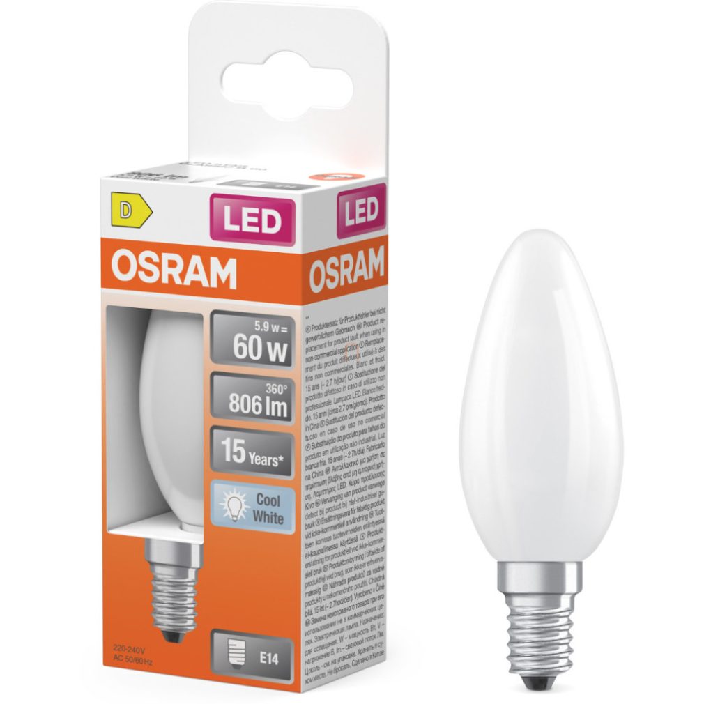 Lămpă LED Osram E14, 5,9 W, 806 lm, 4000 K, alb rece, sticlă opală - înlocuiește becul de 60 W - Star Classic B