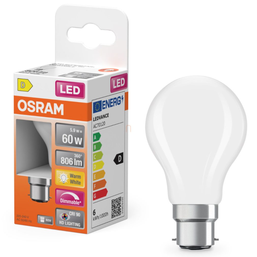 Osram B22d LED 5,5W, 806 lm, 2700 K, alb cald, dimabil, sticlă opală - înlocuiește becul de 60 W - Superstar+ Classic P