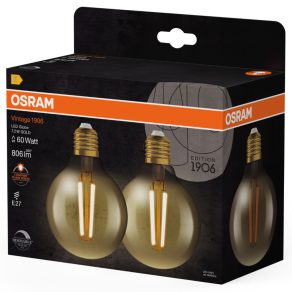   Osram E27 LED 7,2 W, 806 lm, 2400 K, lumină de lumânare, intensitate reglabilă, sticlă aurie - înlocuiește becul de 60 W, 2 bucăți - Vintage 1906 DIM Classic Globe Gold filament