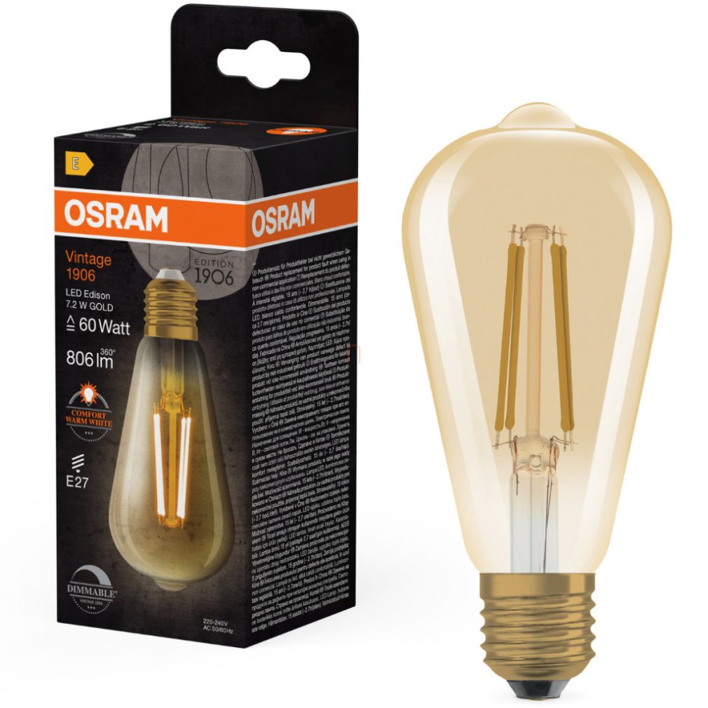 Osram E27 LED 7,2W, 806 lm, 2400 K, lumina de lumânare, reglabilă, sticlă aurie - înlocuiește becul de 60 W - Vintage 1906 DIM Classic Edison Gold filament