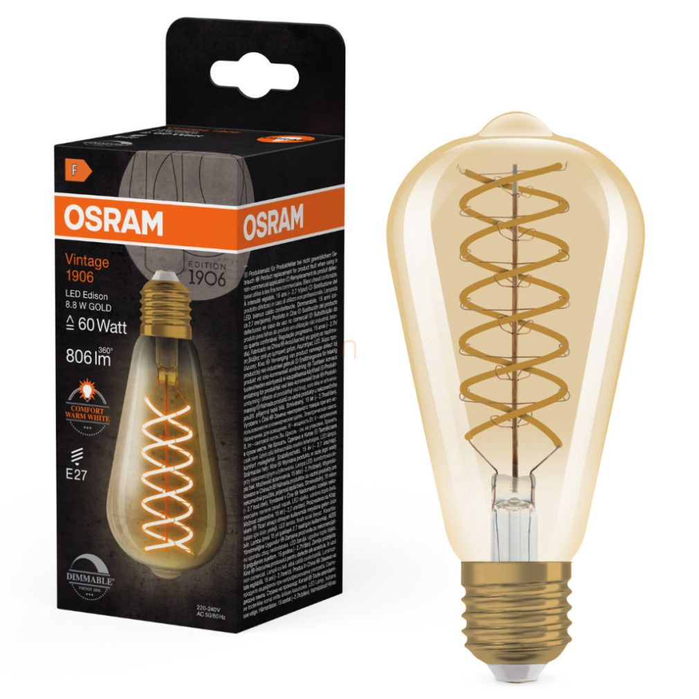Osram E27 LED 8,8W, 806 lm, 2400 K, lumina candela, dimabil, sticlă aurie în locul becului incandescent de 60 W - Vintage 1906 DIM Classic Edison Gold filament