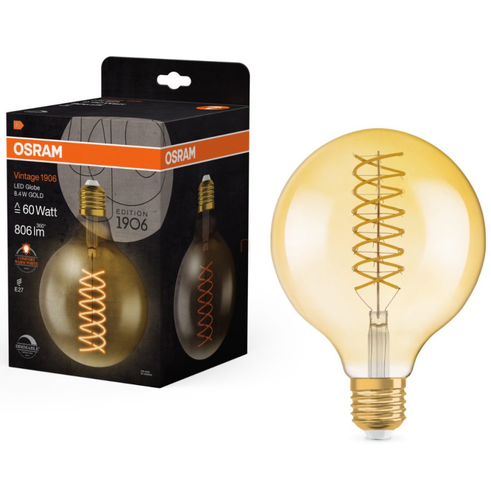 Osram E27 LED 8,4W, 806 lm, 2400 K, lumina candela, dimabil, sticlă aurie în locul becului incandescent de 60 W - Vintage 1906 DIM Classic Globe125 Gold filament