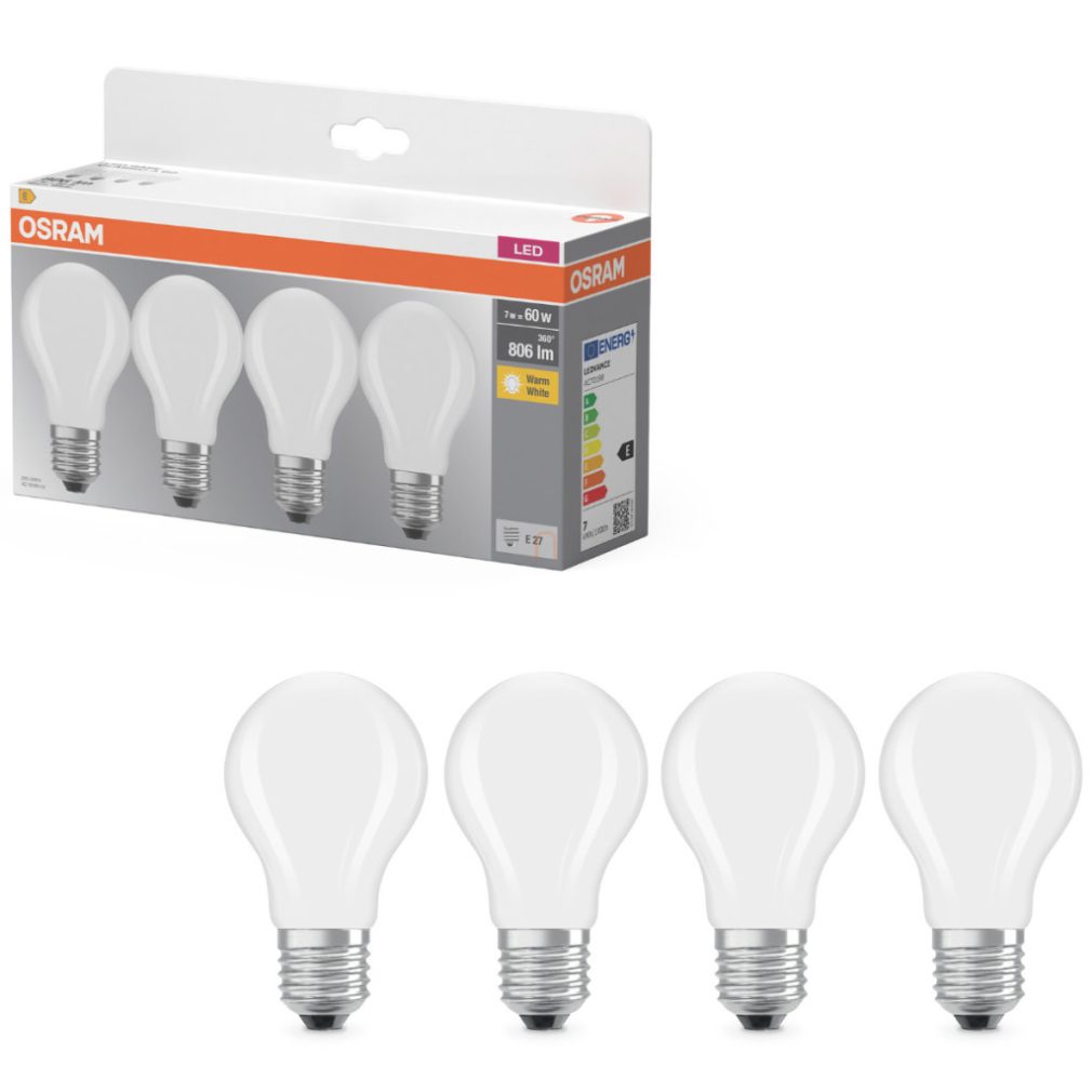 Osram E27 LED 7W, 806 lm, 2700 K, alb cald, sticlă opală - înlocuiește becul normal de 60 W, 4 bucăți - Base Classic A