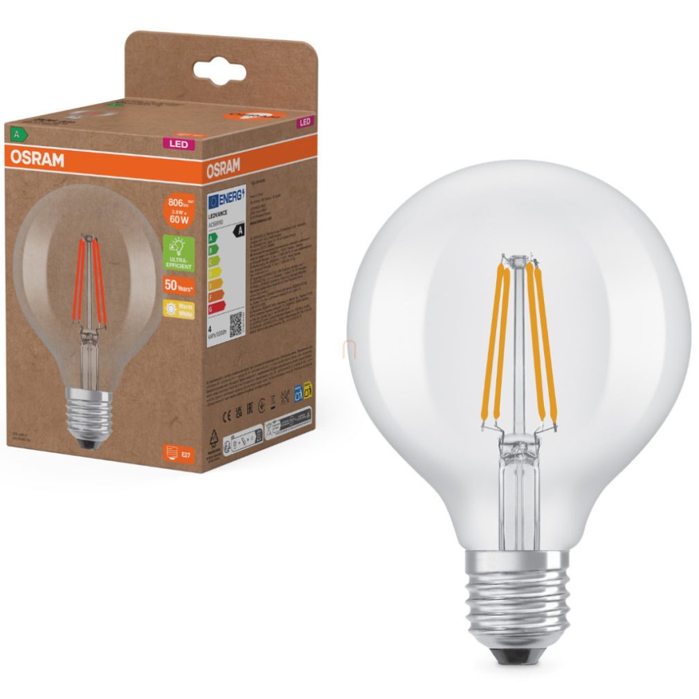 Osram E27 LED glob mare, 3,8 W, 806 lm, 2700 K, alb cald, sticlă transparentă - înlocuiește becul de 60 W - Superstar+ Classic Globe95 filament