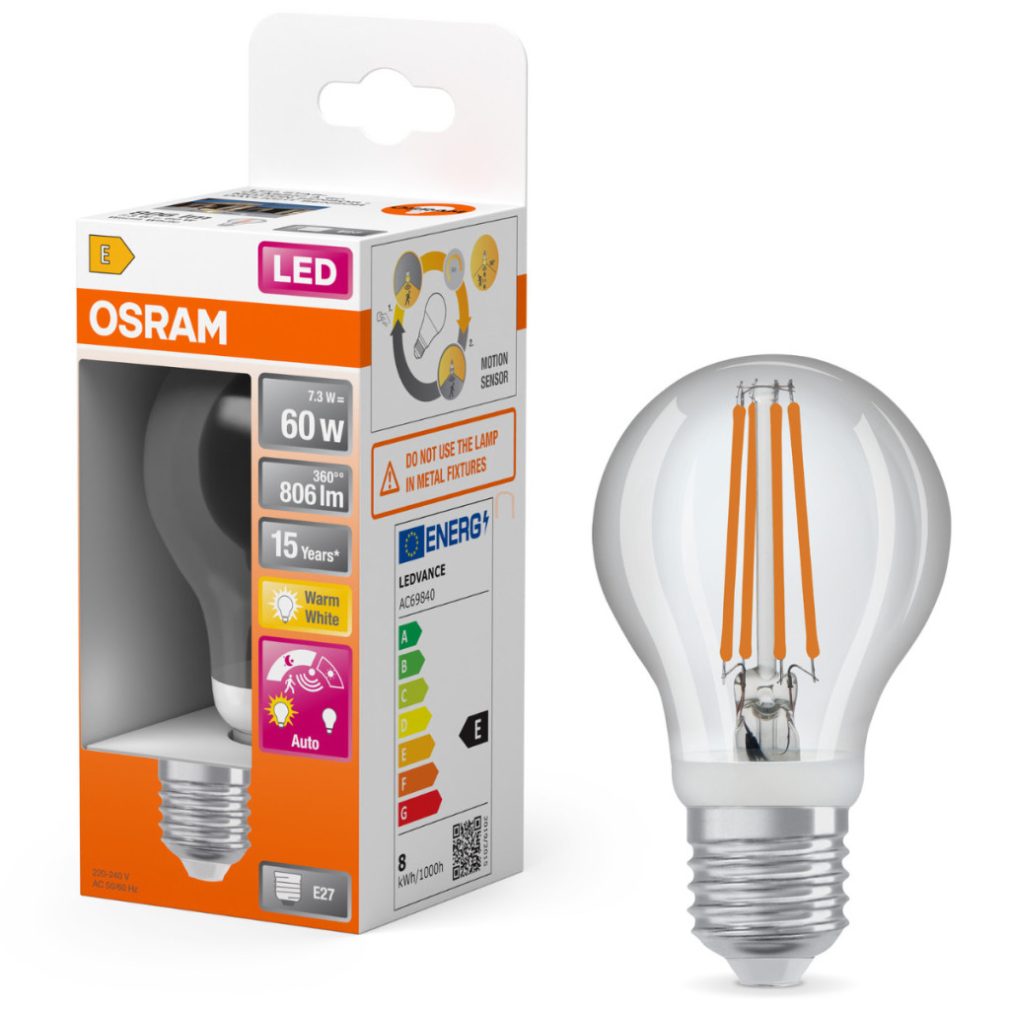 Osram E27 LED 7,3W, 806 lm, 2700 K, alb cald, sticlă transparentă - înlocuiește becul normal de 60 W, cu senzor de lumină, senzor de mișcare - Star+ Classic A 60 filament