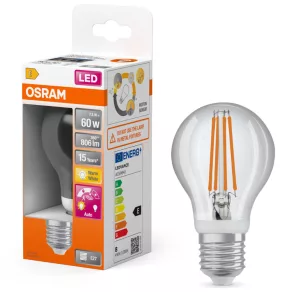   Osram E27 LED 7,3 W, 806 lm, 2700 K, alb cald, sticlă translucidă - înlocuiește un bec standard de 60 W, senzor de lumină, senzor de mișcare - Star+ Classic A 60 filament