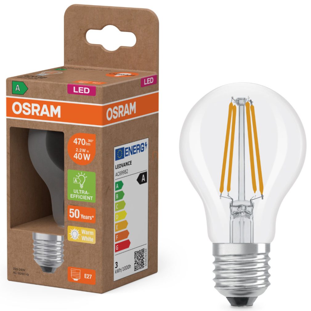 Osram E27 LED 2,2W, 470 lm, 2700 K, alb cald, sticlă transparentă - înlocuiește becul normal de 40 W - Superstar+ Classic A filament