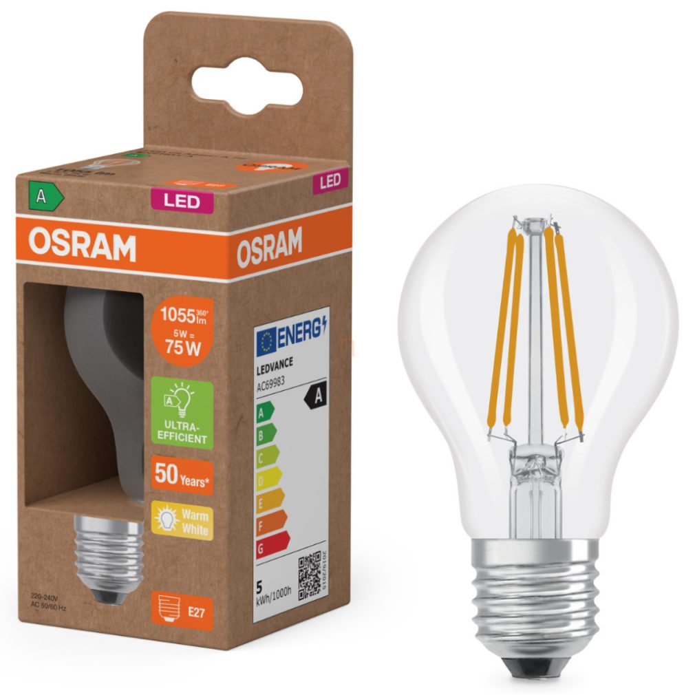 Osram E27 LED 5W, 1055 lm, 2700 K, alb cald, sticlă transparentă - înlocuiește becul normal de 75 W - Superstar+ Classic A filament