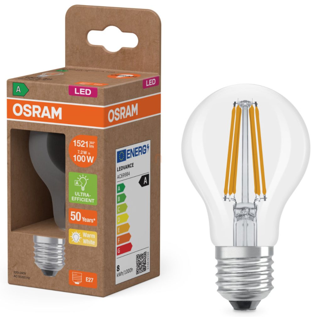 Osram E27 LED 7,2W, 1521 lm, 2700 K, alb cald, sticlă transparentă - înlocuiește becul normal de 100 W - Superstar+ Classic A filament