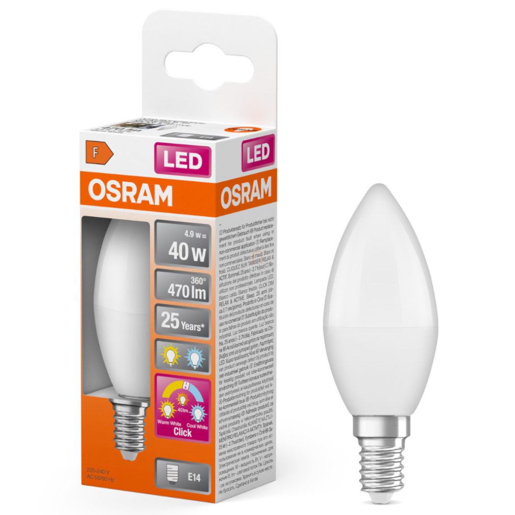 Lămpă LED Osram E14, 4,9 W, 470 lm, 2700-4000 K, alb variabil, plastic opal - înlocuiește becul de 40 W - Superstar+ Classic B