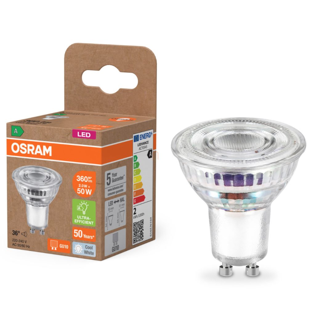 Osram GU10 LED 2W, 360 lm, 4000 K, alb rece, sticlă transparentă - înlocuiește becul de 50 W - Superstar+ Spot PAR16