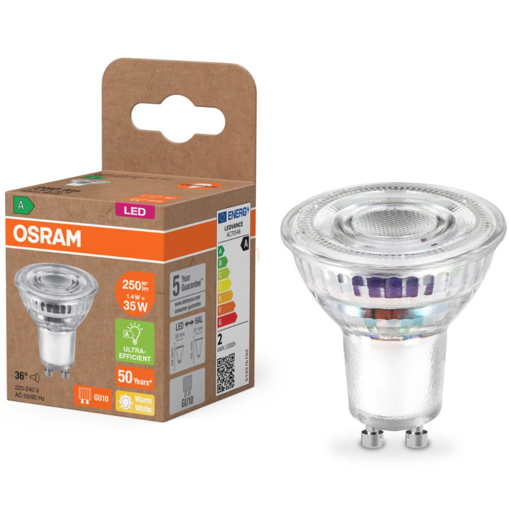 Osram GU10 LED 1,4W, 250 lm, 2700 K, alb cald, sticlă transparentă - înlocuiește becul de 35 W - Superstar+ Spot PAR16