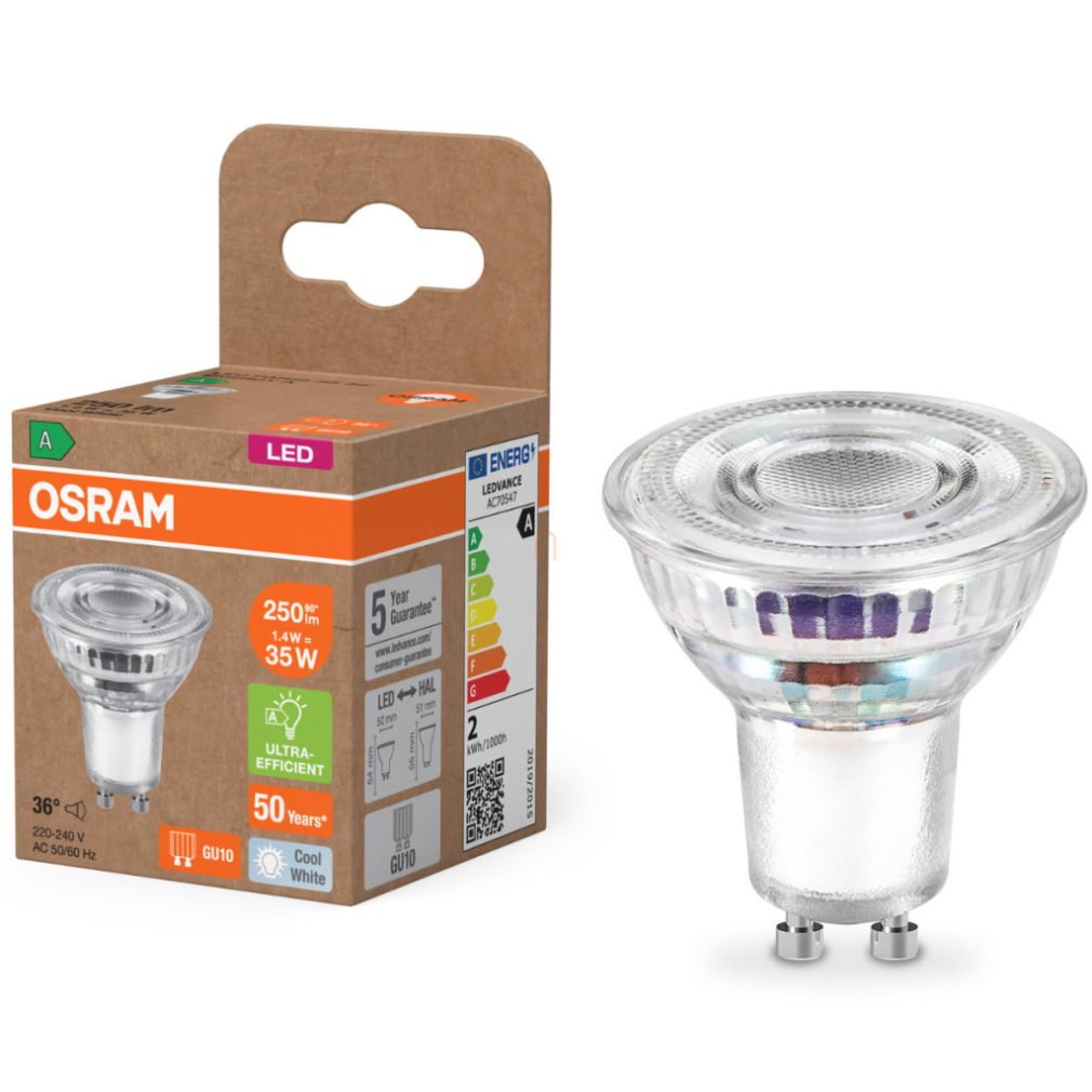 Osram GU10 LED 1,4W, 250 lm, 4000 K, alb rece, sticlă transparentă - înlocuiește becul de 35 W - Superstar+ Spot PAR16