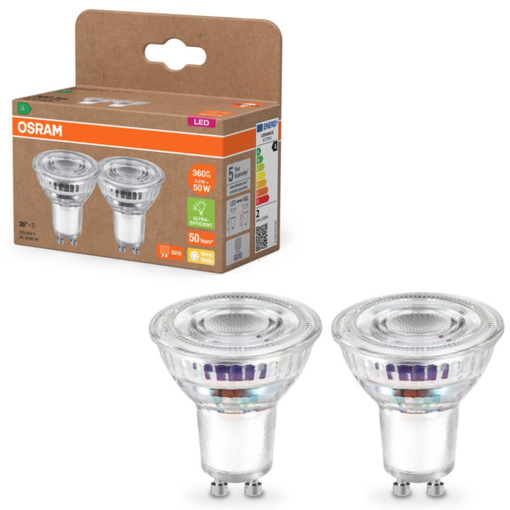Osram GU10 LED 2W, 360 lm, 2700 K, alb cald, sticlă transparentă - înlocuiește becul de 50 W, 2 bucăți - Superstar+ Spot PAR16
