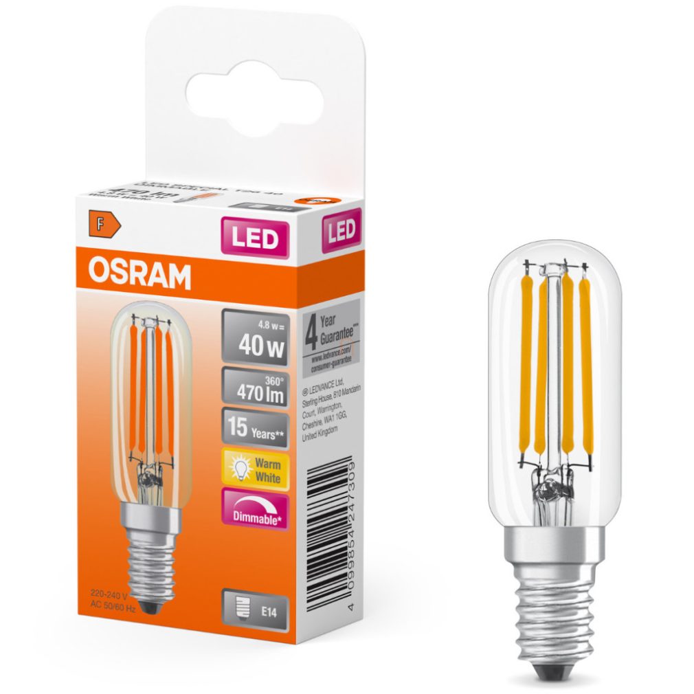 Osram E14 LED 4,8W, 470 lm, 2700 K, alb cald, dimabil, sticlă colorată - înlocuiește becul de 40 W - Special T26 filament
