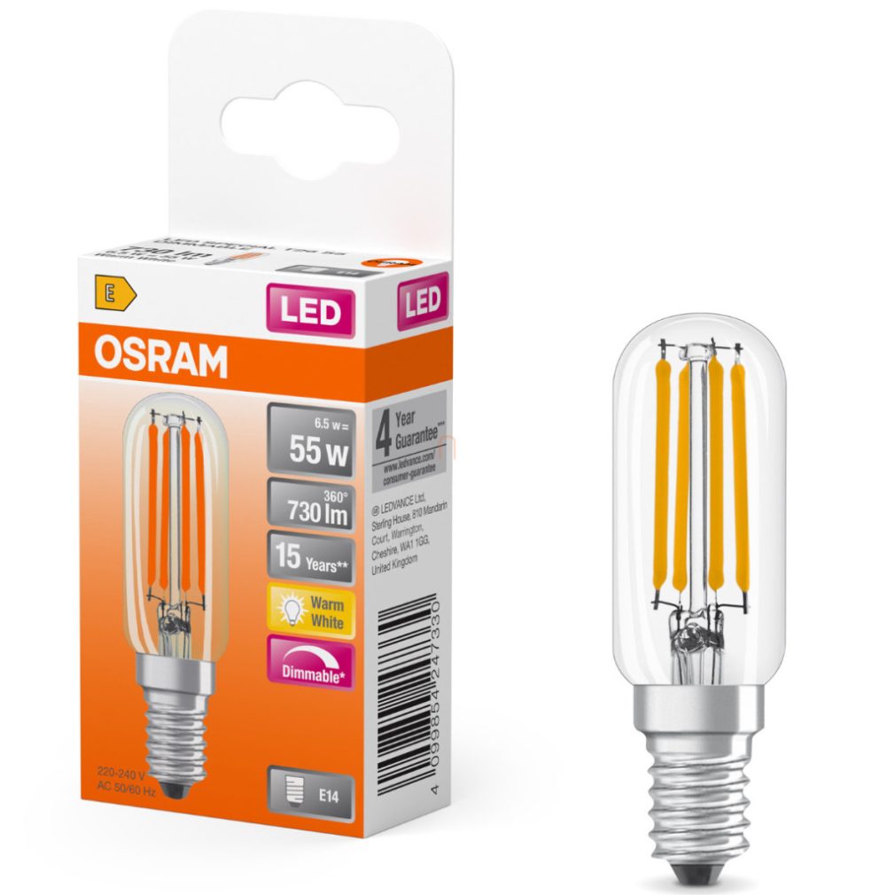 Osram E14 LED 6,5W, 730 lm, 2700 K, alb cald, cu intensitate reglabilă, sticlă colorată - înlocuiește becul de 52 W - Special T26 filament