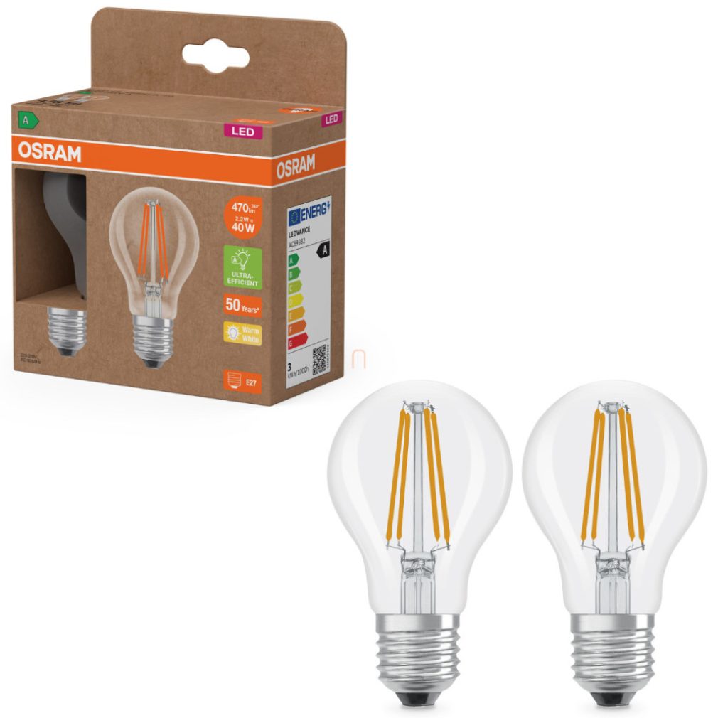 Osram E27 LED 2,2W, 470 lm, 2700 K, alb cald, sticlă transparentă - înlocuiește becul normal de 40 W, 2 bucăți - Superstar+ Classic A filament