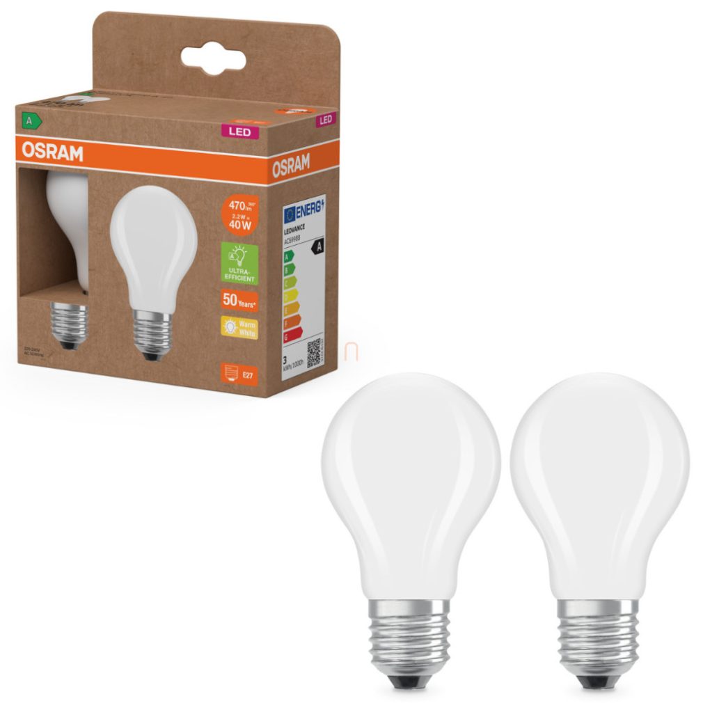Osram E27 LED 2,2W, 470 lm, 2700 K, alb cald, sticlă opală - înlocuiește becul normal de 40 W, 2 bucăți - Superstar+ Classic A