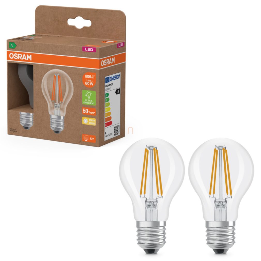 Osram E27 LED 3,8W, 806 lm, 2700 K, alb cald, sticlă transparentă - înlocuiește becul normal de 60 W, 2 bucăți - Superstar+ Classic A filament