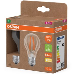   Osram E27 LED 5W, 1055 lm, 2700 K, alb cald, sticlă transparentă - înlocuiește un bec standard de 75 W, 2 bucăți - Superstar+ Classic A filament