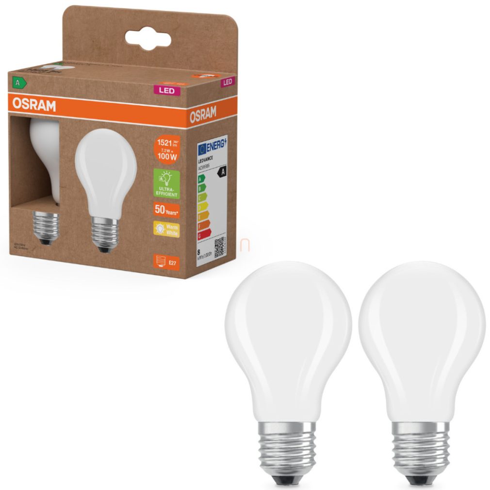 Osram E27 LED 7,2W, 1521 lm, 2700 K, alb cald, sticlă opală - înlocuiește becul normal de 100 W, 2 bucăți - Superstar+ Classic A
