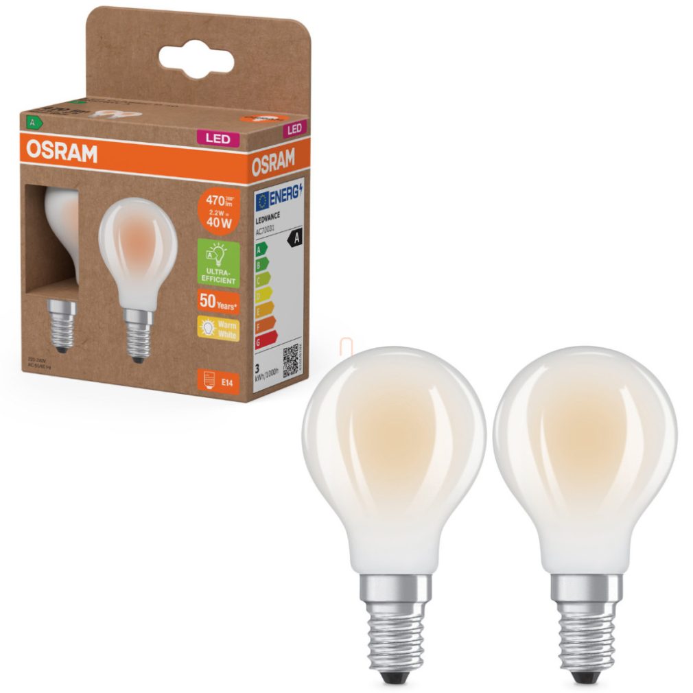 Osram E14 LED globule, 2,2 W, 470 lm, 2700 K, alb cald, sticlă opală - înlocuiește becul de 40 W, 2 bucăți - Superstar+ Classic P
