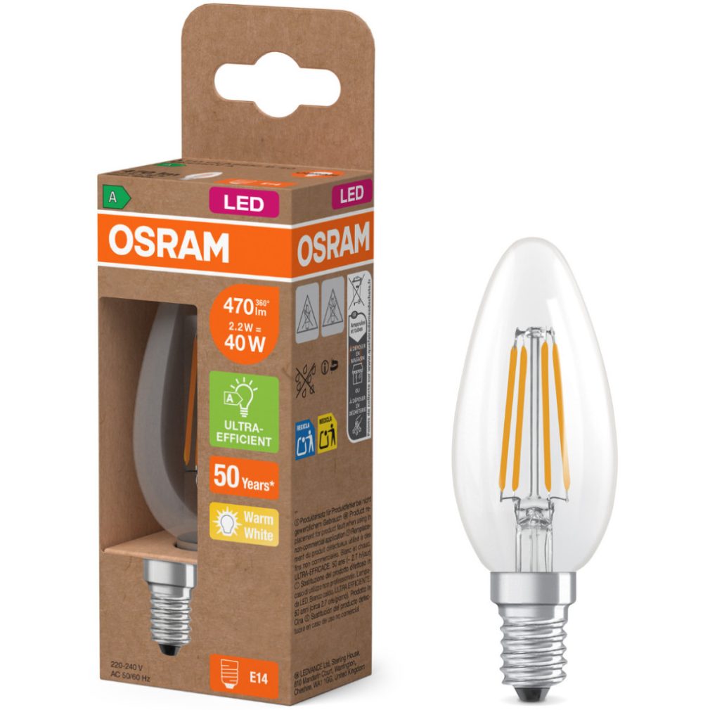 Lămpi LED Osram E14, 2,2 W, 470 lm, 2700 K, alb cald, sticlă transparentă - înlocuiesc becurile de 40 W - Superstar+ Classic B filament