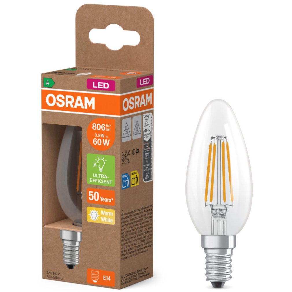 Lămpi LED Osram E14, 3,8 W, 806 lm, 2700 K, alb cald, sticlă transparentă - înlocuiesc becurile de 60 W - Superstar+ Classic B filament