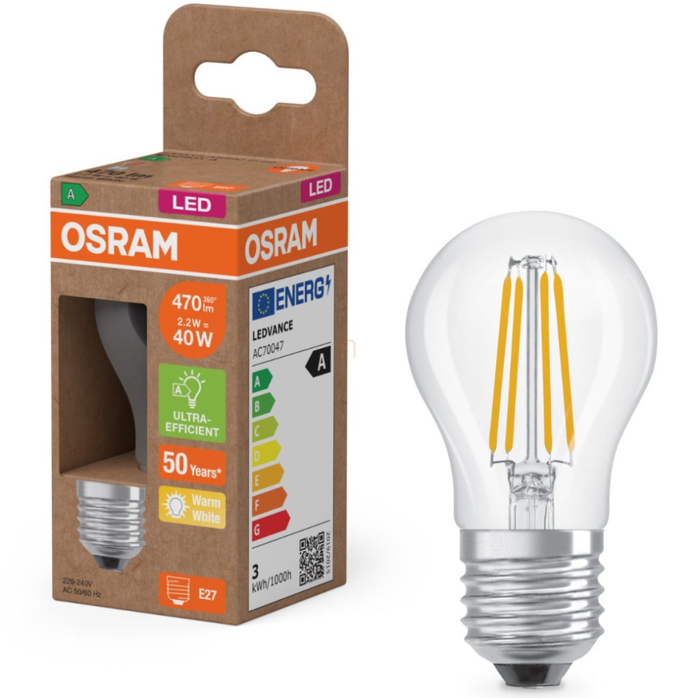 Osram E27 LED globule, 2,2 W, 470 lm, 2700 K, alb cald, sticlă transparentă - înlocuiește becul de 40 W - Superstar+ Classic P filament