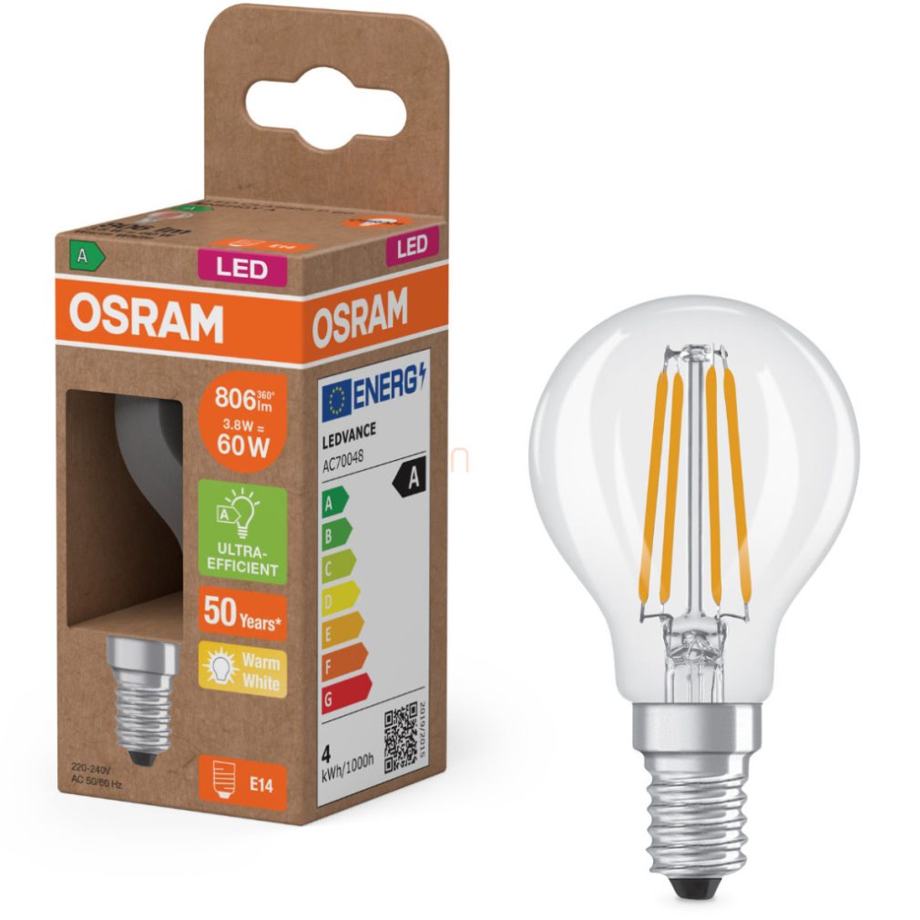 Osram E14 LED globule, 3,8 W, 806 lm, 2700 K, alb cald, sticlă transparentă - înlocuiește becul de 60 W - Superstar+ Classic P filament