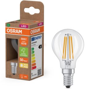   Osram E14 LED glob mic, 3,8 W, 806 lm, 2700 K, alb cald, sticlă transparentă - înlocuiește becul de 60 W - Superstar+ Classic P filament