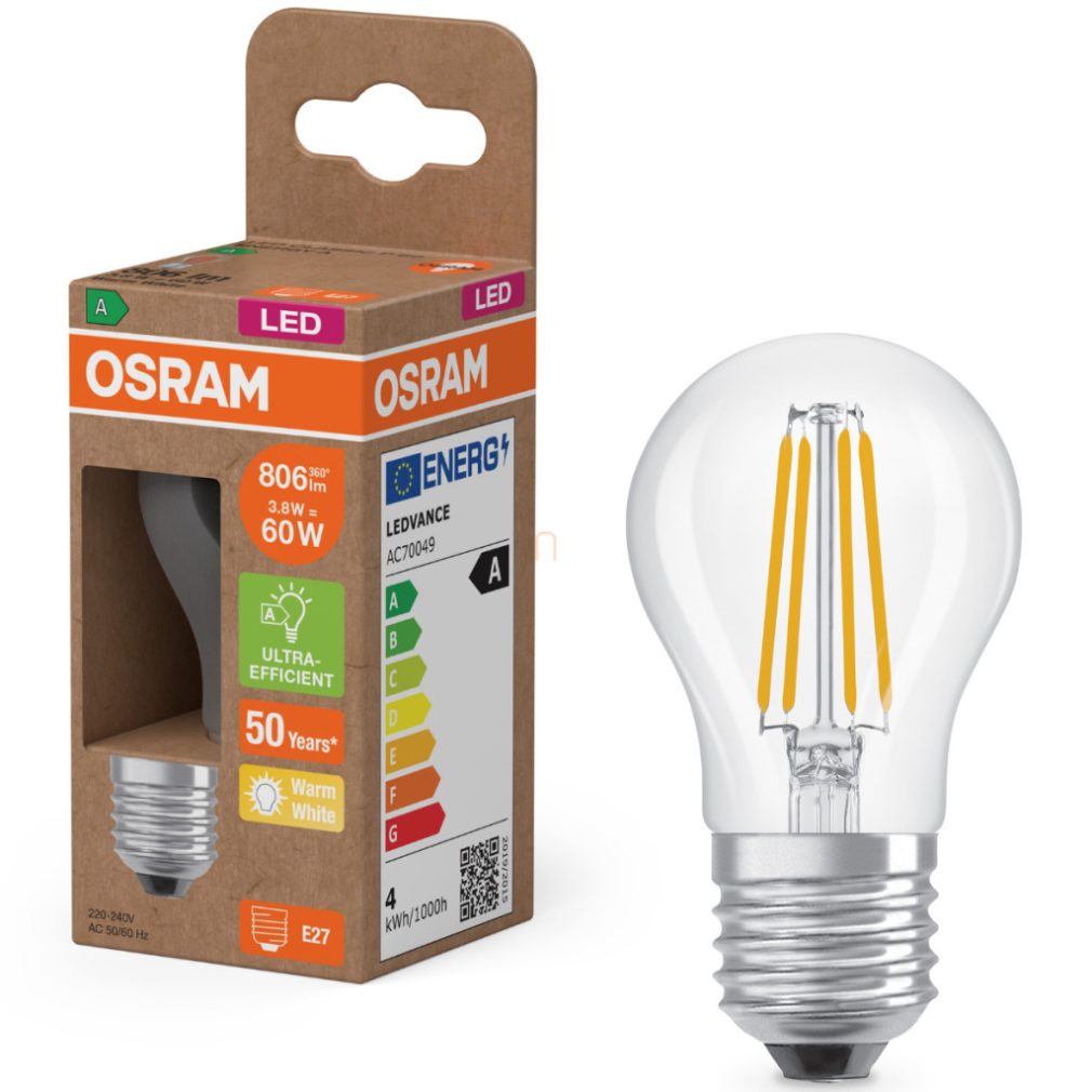 Osram E27 LED globule, 3,8 W, 806 lm, 2700 K, alb cald, sticlă transparentă - înlocuiește becul de 60 W - Superstar+ Classic P filament