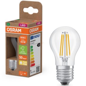   Osram E27 LED glob mic, 3,8 W, 806 lm, 2700 K, alb cald, sticlă transparentă - înlocuiește becul de 60 W - Superstar+ Classic P filament