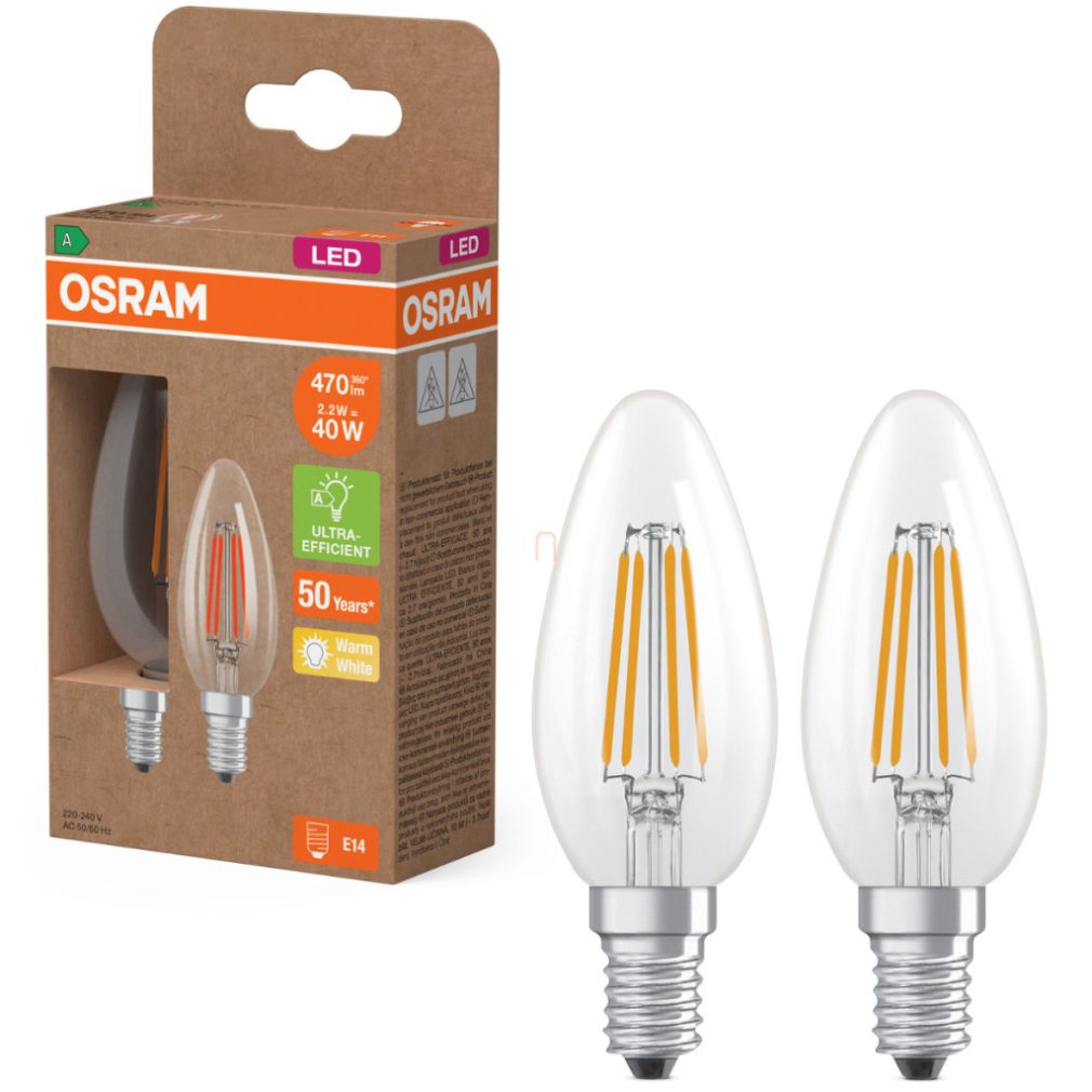 Lămpă LED Osram E14, 2,2 W, 470 lm, 2700 K, alb cald, sticlă transparentă - înlocuiește becul de 40 W, 2 bucăți - Superstar+ Classic B filament